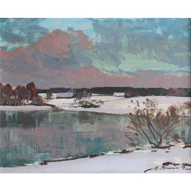 Alfejs Bromults, Winter Landscape, Oil on Cardboard For Sale - Image 11 of 11