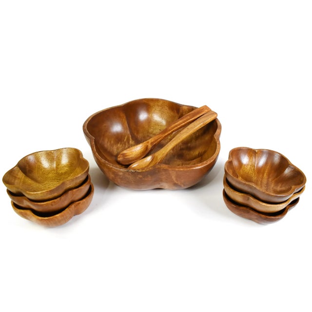 Unique contemporary large bowl with 6 small wood carved bowls and serving utensils are great set for serving salad, snack,...