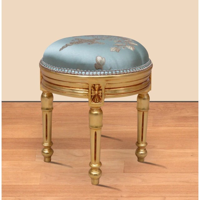 Beautiful Real solid wood real gold leaf footstool in blue upholstery. width 11.4 , depth 9.8 and height 12.9 inches
