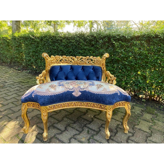 1980s 1980s French Louis XVI Blue Gold Beech Velvet Settee For Sale - Image 5 of 14