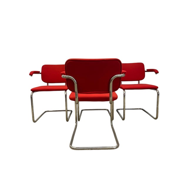 Chrome 1970s Set of 4 Knoll Cesca Red Upholstered Cantilever Armchairs With Chrome Frames For Sale - Image 8 of 12
