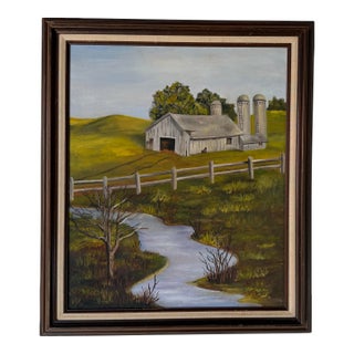 1970’s Vintage Impressionist Farm River Landscape Oil on Canvas Painting, Framed For Sale