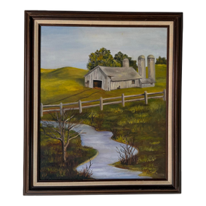 1970’s Vintage Impressionist Farm River Landscape Oil on Canvas Painting, Framed