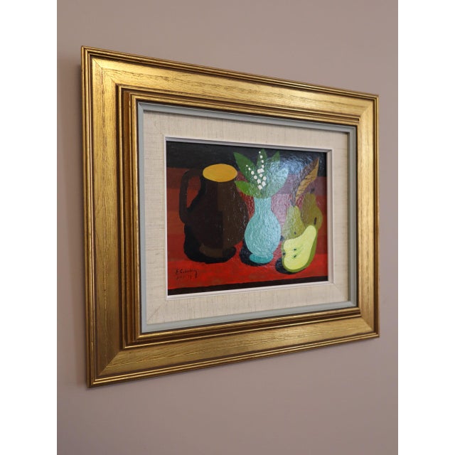 1977 'Blue Vase & Pears' Vintage Original Still Life Tempera Painting by Swedish Artist Eric Cederberg (1897-1984), Framed For Sale - Image 4 of 11