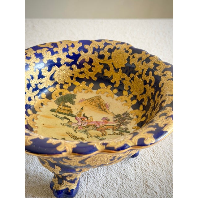 Chinoiserie Antique Chinese Three Footed Porcelain Bowl, Cobalt and Gilt Chinoiserie Fox Hunt Scene, Qianlong Style For Sale - Image 3 of 11