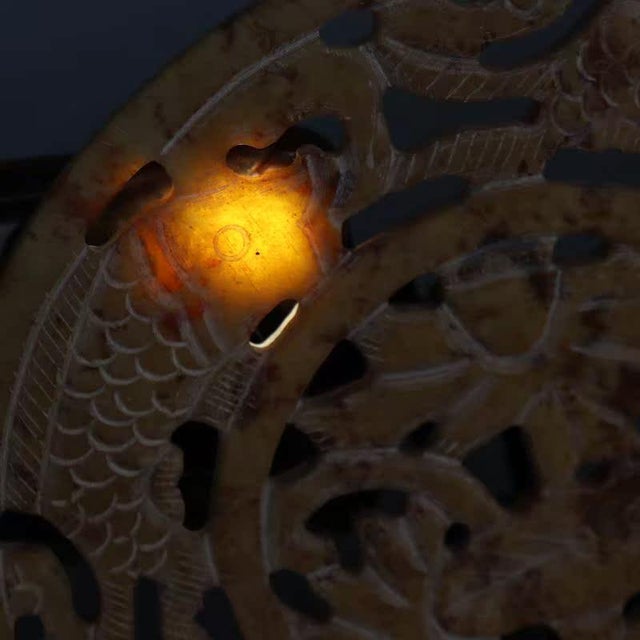 Thickness-0.6cm,Diameter-20cm. This Chinese jade plate is expertly hand-carved with intricate lotus flower and fish...