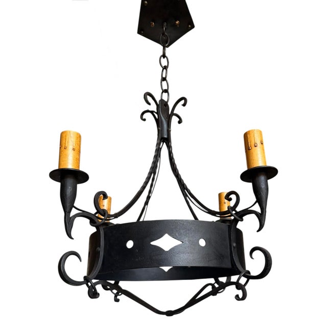 Spanish Revival Circa 1920’s Spanish Revival Wrought Iron Chandelier For Sale - Image 3 of 6