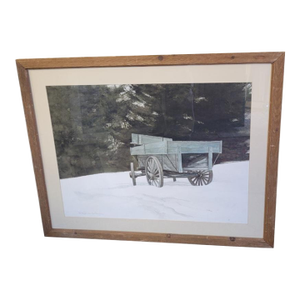 Watercolor Painting Rustic Cart in the Snow