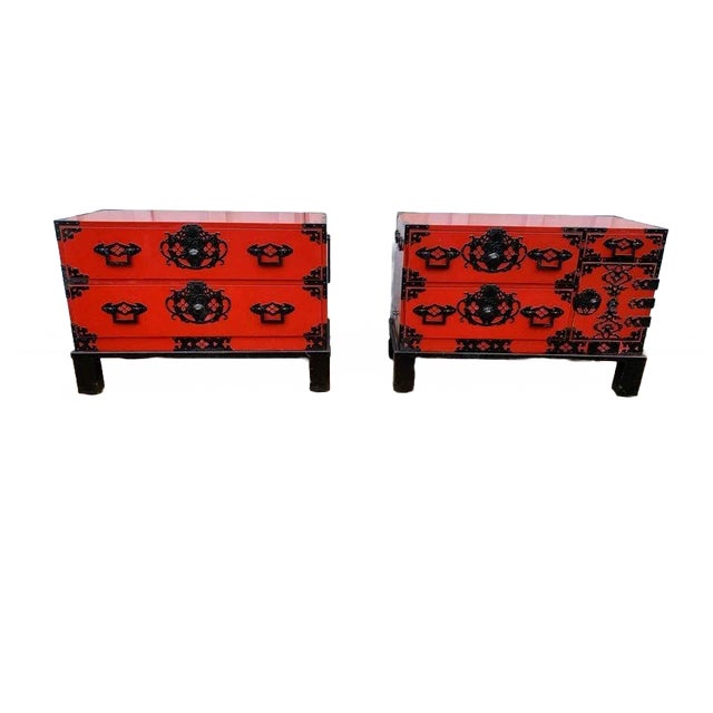 Mid 20th Century Vintage Asian Style Red Painted Iron Mounded Campaign Cedar Type Chests. A Pair For Sale - Image 12 of 12