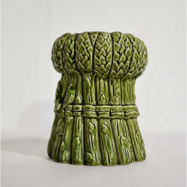 Vintage Ceramic Majolica Style Vase With Ribbon Tied Around a Stalk of Asparagus For Sale - Image 4 of 8