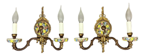 Vintage Spanish Porcelain and Brass Floral Wall Sconces, Set of 2