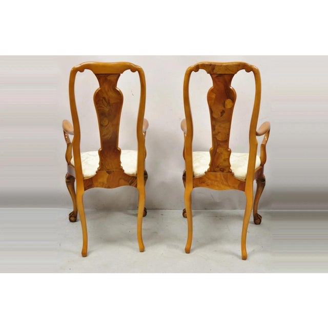Vintage Queen Anne Style Italian Burl Wood Marquetry Inlay Arm Chairs - A Pair For Sale - Image 10 of 12