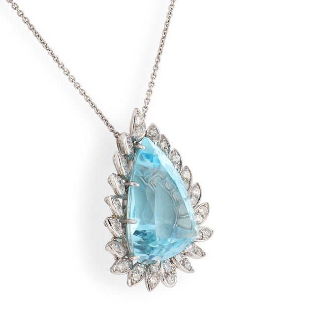 Contemporary Mid Century 28.00 Carat Aquamarine Diamond 18k White Gold Necklace For Sale - Image 3 of 6