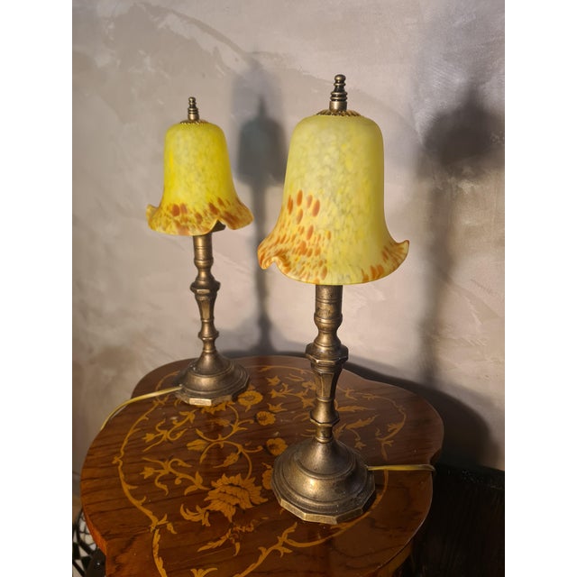 Art Deco Brass Bedside Lamps with Yellow Glass Paste Shades, 1930s, Set of 2 For Sale - Image 6 of 10