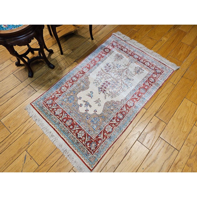 Brown Vintage Turkish Silk Kayseri Rug, Handwoven Tree of Life Design, Ivory & Red, 3' x 5' For Sale - Image 8 of 10