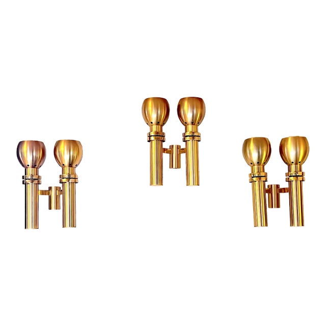 Set of Three Large Scandinavian Brass Wall Lights, Mid-Century For Sale