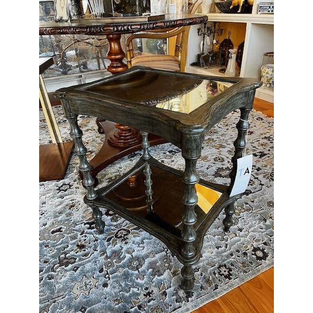Theodore Alexander Chairside Table, Gray Blue Aged Painted Finish with Mirrored Eglomise Top and Shelf.