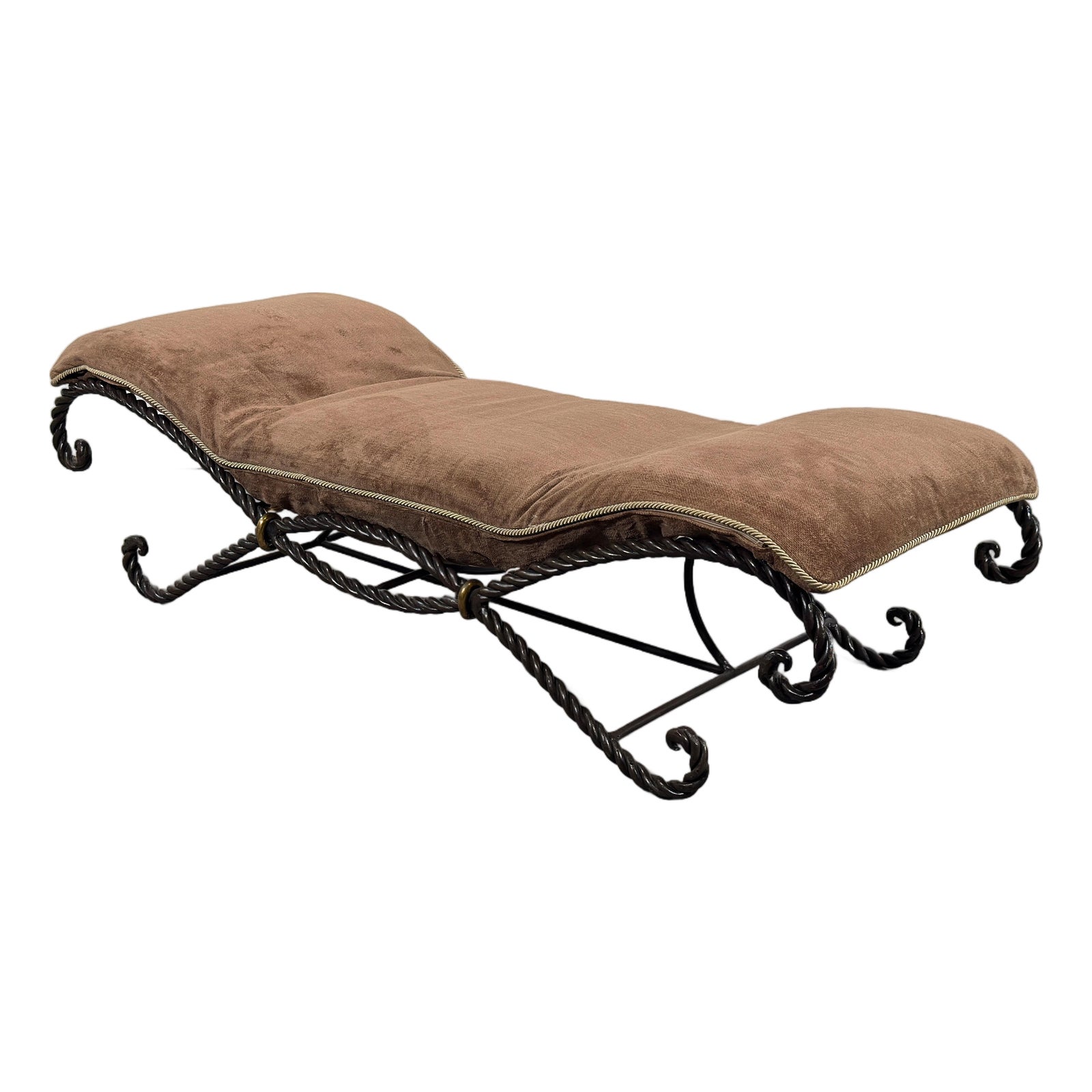 Vintage French Twisted Rope Wrought Iron Bench With Taupe Cushion