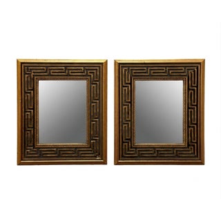 Pair of Vintage Traditional Neoclassical Greek Key Gold Finish Accent Wall Mirrors For Sale