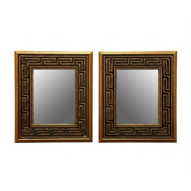 Pair of Vintage Traditional Neoclassical Greek Key Gold Finish Accent Wall Mirrors For Sale