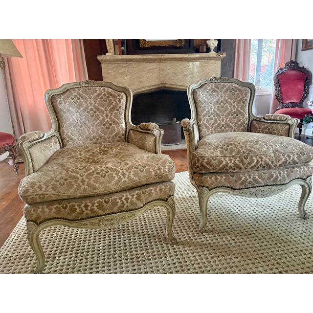 Cream Louis XVI Style Distressed Cream Painted Bergere Chairs - A Pair For Sale - Image 8 of 12