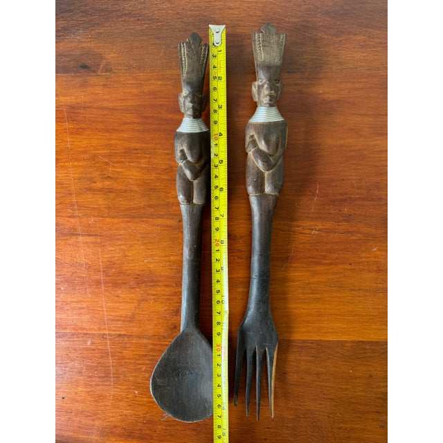 Wood Vintage African Carved Wood Salad Serving Spoon and Fork Utensils For Sale - Image 7 of 9