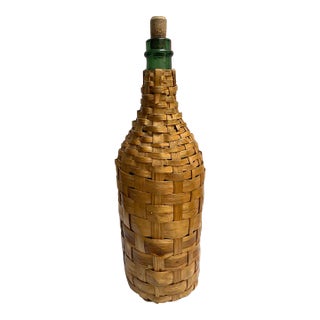 Demijohn Rattan Wrapped Green Wine Bottle Original Tag, Vintage 1951 For Sale