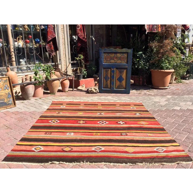 Mid-Century Modern 1960s Vintage Striped Turkish Kilim Rug - 71" X 80" For Sale - Image 3 of 11