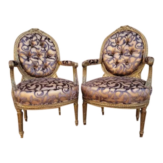 Antique French Louis XV Style Ornate Carved Giltwood Fauteuil Armchairs Newly Reupholstered - Pair For Sale