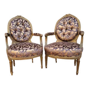 Antique French Louis XV Style Ornate Carved Giltwood Fauteuil Armchairs Newly Reupholstered - Pair