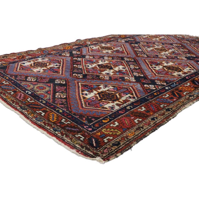 Vintage Persian Hamadan Rug with Tribal Style 04'04 x 06'05. Full of tiny details and a bold expressive design combined...