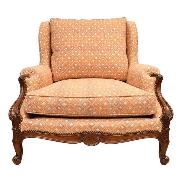 Louis XV Style Velvet Bergère Fireside Chair with Brass Nails, 1890s For Sale
