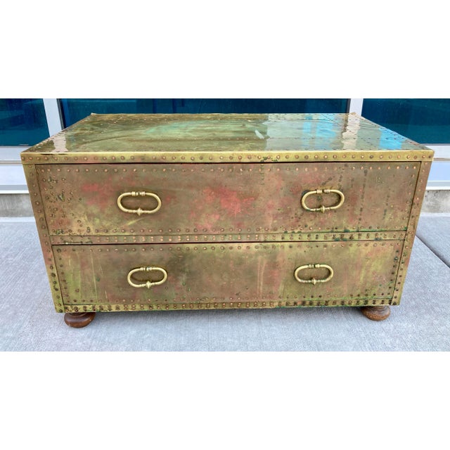 Mid-century campaign style brass clad two drawer coffee table chest from Sarreid Ltd, marked made in Spain, circa 1960s -...