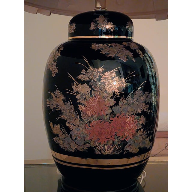 Chinoiserie Vintage Chinoiserie Black Porcelain Ginger Jar Floral Table Lamp With Shade For Sale - Image 3 of 11
