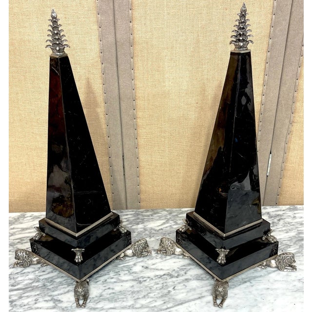Metal Large Silverplated Bronze & Inlaid Coconut Shell Lion Motif Obelisks - a Pair For Sale - Image 7 of 11