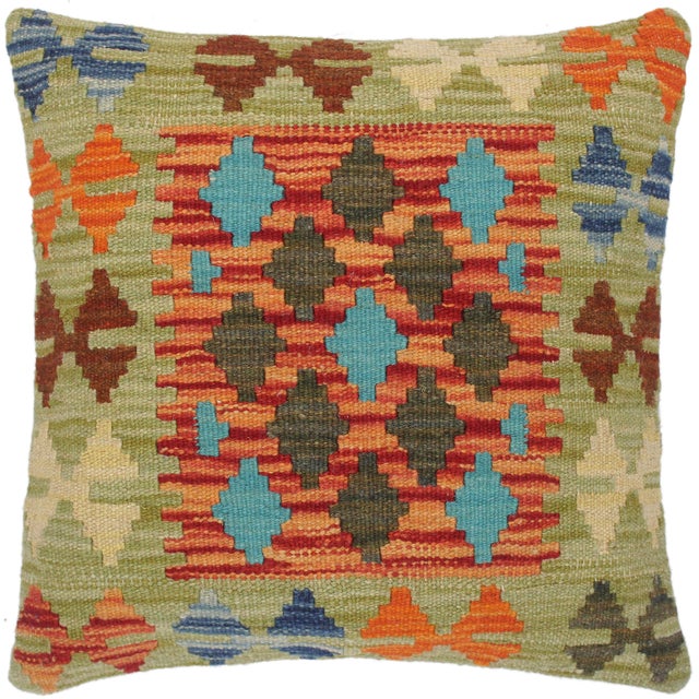 Green Shabby Chic Hand-Woven Turkish Kilim Throw Pillow For Sale - Image 8 of 8