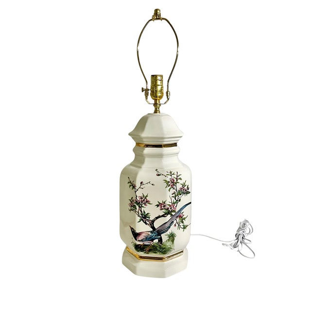 Chinoiserie Pair of Vintage Chinoiserie Ceramic Ginger Jar Table Lamps With Transferware Bird Motif For Sale - Image 3 of 16