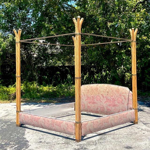 Vintage Coastal Twisted Pencil Reed and Brass King Canopy Bed For Sale - Image 4 of 7