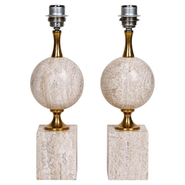 Hollywood Regency Travertine Table Lamps by Philippe Barbier for Maison Barbier, 1960s, Set of 2 For Sale - Image 3 of 18