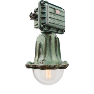 Vintage French Industrial Green Cast Iron and Clear Glass Pendant Lamp from Perfeclair, 1967 For Sale