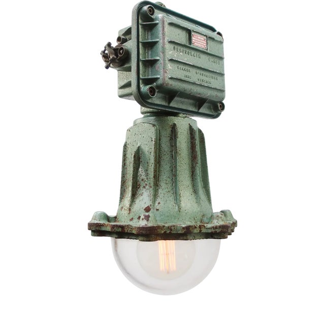 Vintage French Industrial Green Cast Iron and Clear Glass Pendant Lamp from Perfeclair, 1967 For Sale