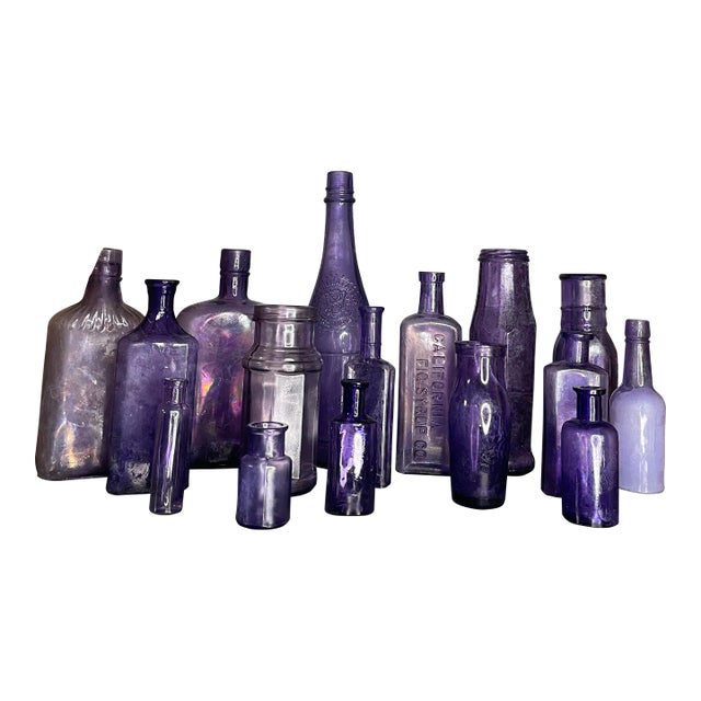 Large Collection of Antique Purple Glass Bottles- Set of 16 For Sale