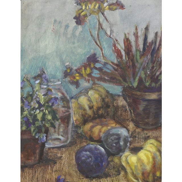 Wonderful autumnal still life with pumpkin, apples and violets by an unknown artist (American, 20th Century). Signed...