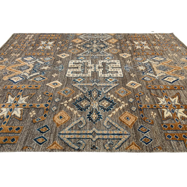 Modern Tulu Tribal Wool Rug – Geometric Charcoal, Tan & Slate Blue 9x12 For Sale - Image 10 of 11