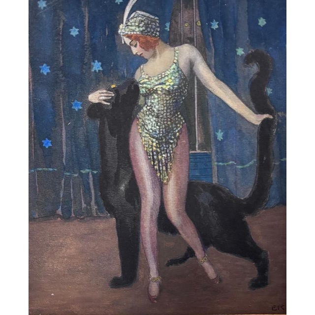 Beautiful work signed E.K. Deco frame Figure of a woman, showgirl or circus performer with panther and in the background a...