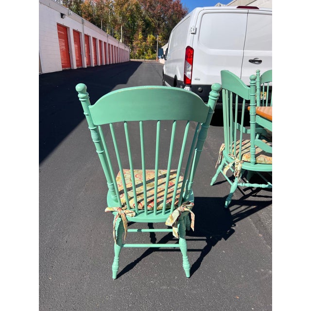 Wood Farmhouse Two-Tone Dining Table With 6 Mint Green Windsor Chairs For Sale - Image 7 of 12