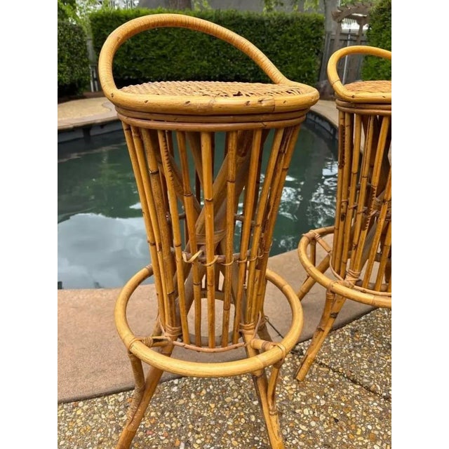 Italian Mid 20th Century Italian Bamboo Rattan Tiki Style Barstools, a Pair, Attributed to Tito Angoli For Sale - Image 3 of 7