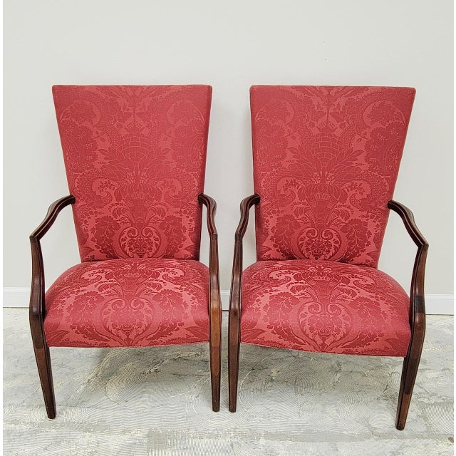 Raspberry Pink Hickory Chair James River Fisk Federal Style Mahogany Lolling Armchairs in Raspberry Rose Silk Damask - Pair For Sale - Image 8 of 8