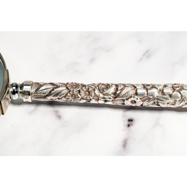 Amazing Antique Sterling Silver Repoussé Parasol Handle Floral Magnifying Glass Ornate Library Desk Home Decor For Sale - Image 11 of 12