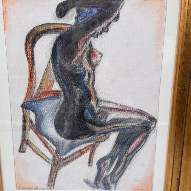 Contemporary Signed Seated Nude Figure Drawing Charcoal Colored Pencil Gilt Frame For Sale - Image 3 of 12